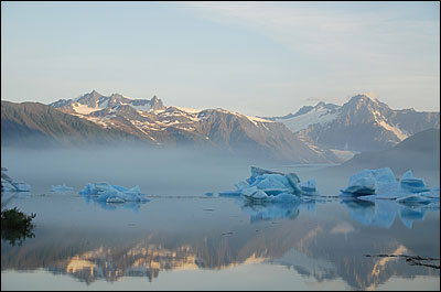 Foggy reflection at Bear Glacier
